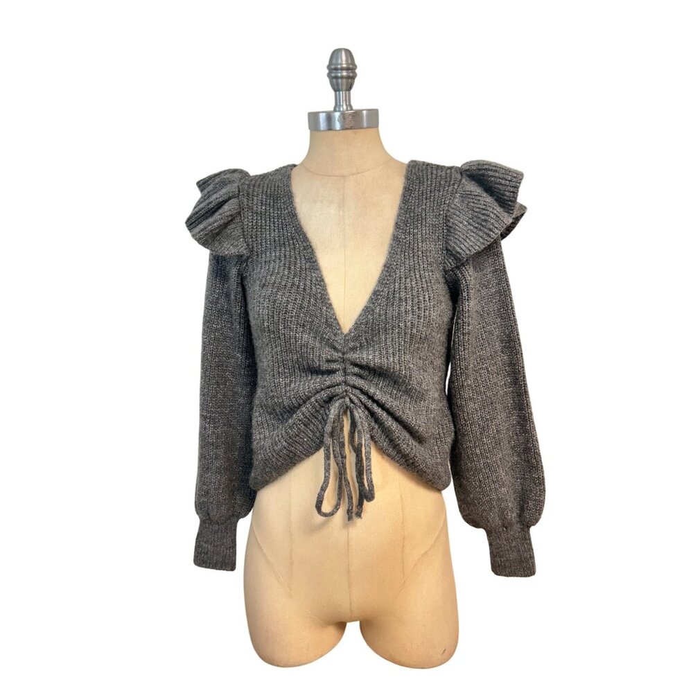Gray Ruched V-Neck Knit Sweater - Picture 3 of 6